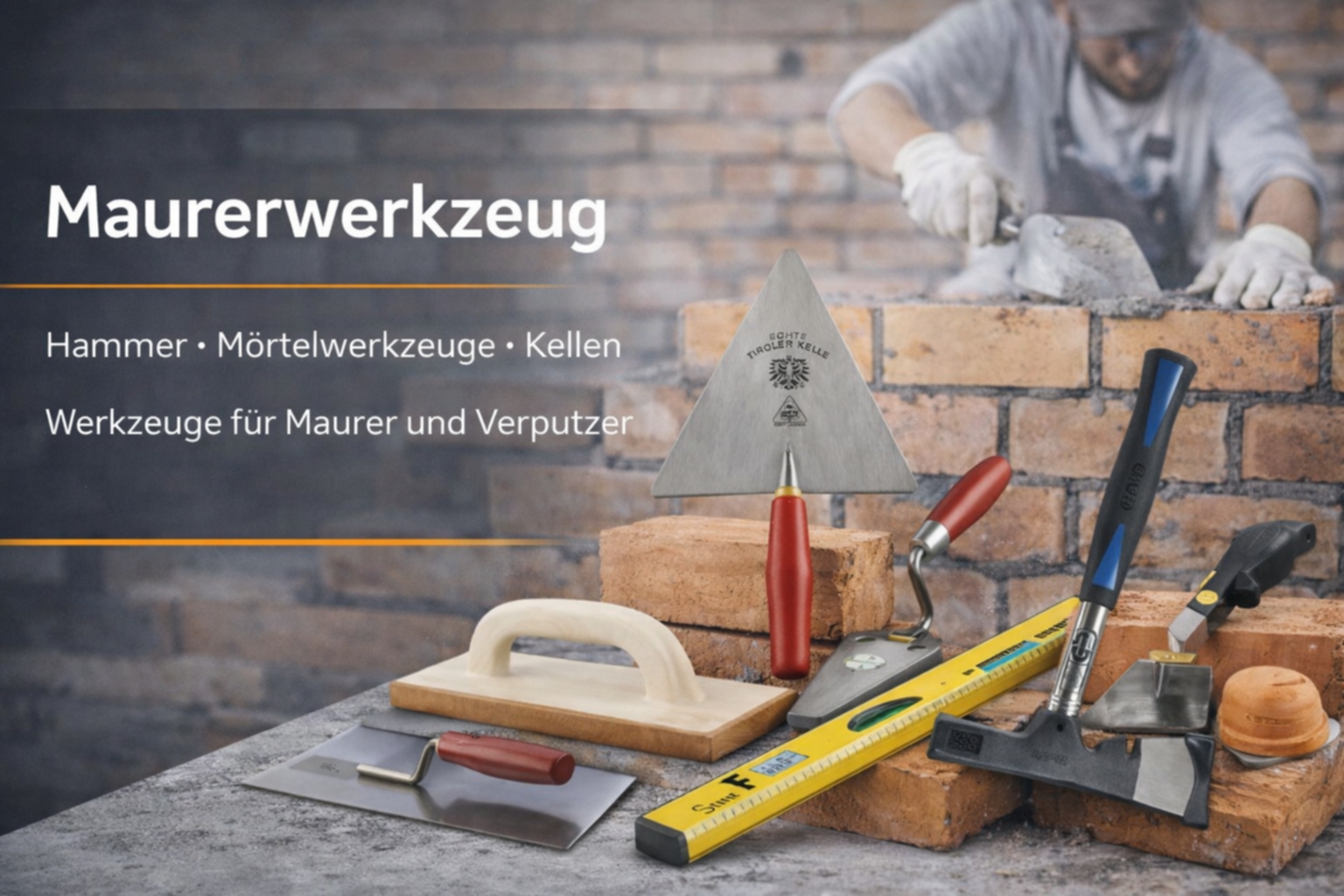 Maurerwerkzeug mit Kellen, Mörtelwerkzeugen und Hammer für Maurer- und Verputzarbeiten auf der Baustelle